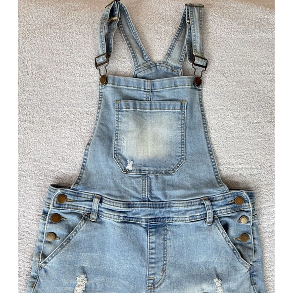 Encore Denim Overalls Juniors Size 8/9 Distressed Blue Stretch - Picture 3 of 16